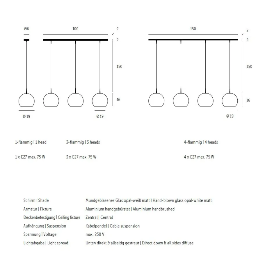 BALL S 3-flammige Opalglas Pendelleuchte